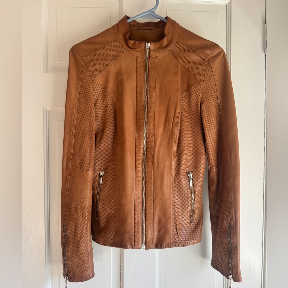 Koç Leather Jacket Size 38 Brown Perforated Moto Zip Front